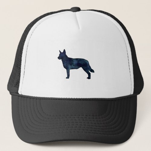 Blue Heeler Dog Breed Silhouette Black Watercolor Trucker Hat