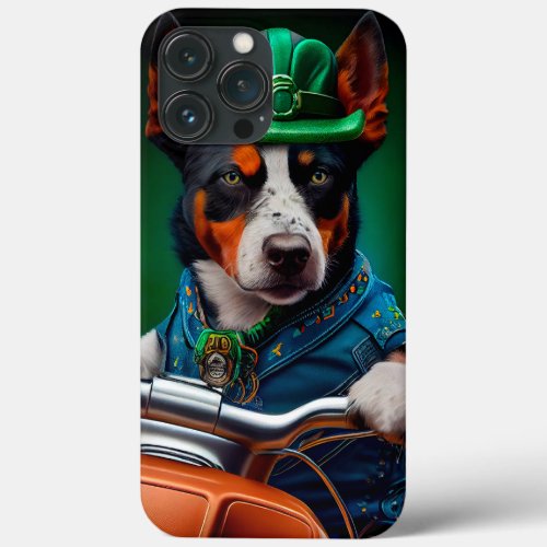 Blue Heeler Dog Driving Bike St Patricks Day iPhone 13 Pro Max Case