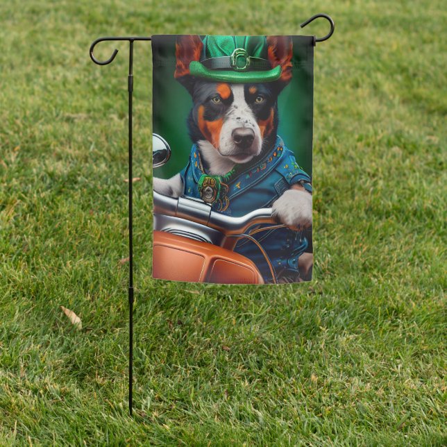 Blue Heeler Dog Driving Bike St. Patrick's Day  Garden Flag (In SItu)