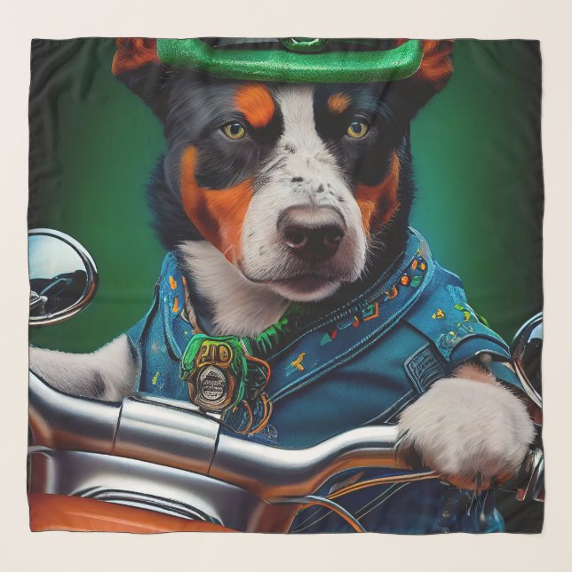 Blue Heeler Dog Driving Bike St. Patrick's Day Scarf (Front)