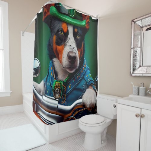 Blue Heeler Dog Driving Bike St Patricks Day Shower Curtain