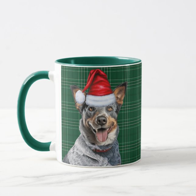 Blue Heeler Dog Green Holiday Plaid Christmas Mug (Left)