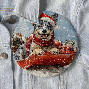 Blue Heeler Dog in Sledge Let it Snow Christmas Button