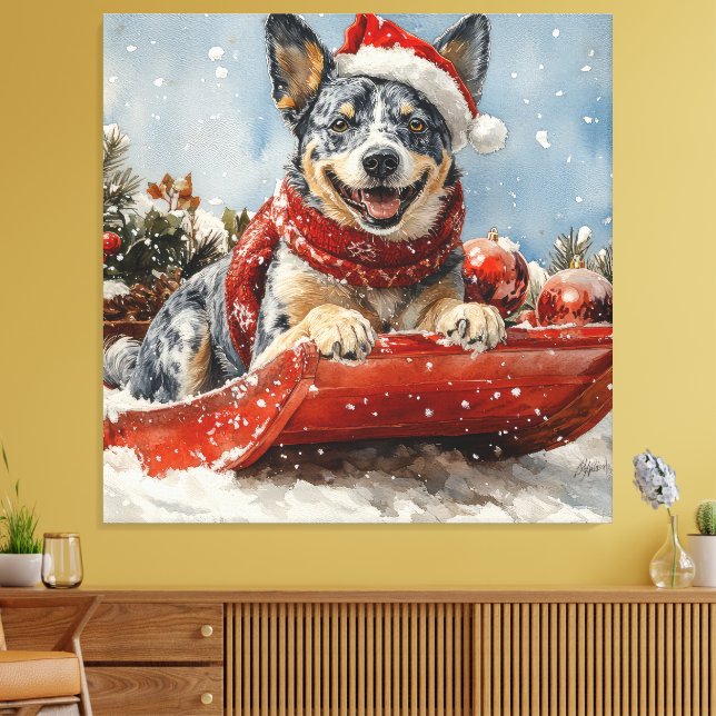 Blue Heeler Dog in Sledge Let it Snow Christmas Canvas Print (Insitu(LivingRoom))