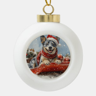 Blue Heeler Dog in Sledge Let it Snow Christmas Ceramic Ball Christmas Ornament