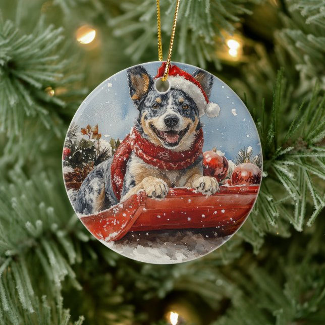 Blue Heeler Dog in Sledge Let it Snow Christmas Ceramic Ornament (Tree)