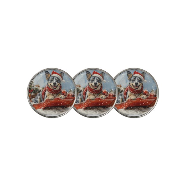 Blue Heeler Dog in Sledge Let it Snow Christmas Golf Ball Marker (3 Up)