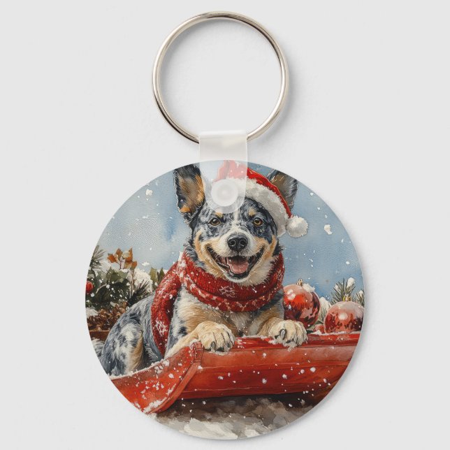 Blue Heeler Dog in Sledge Let it Snow Christmas Keychain (Front)
