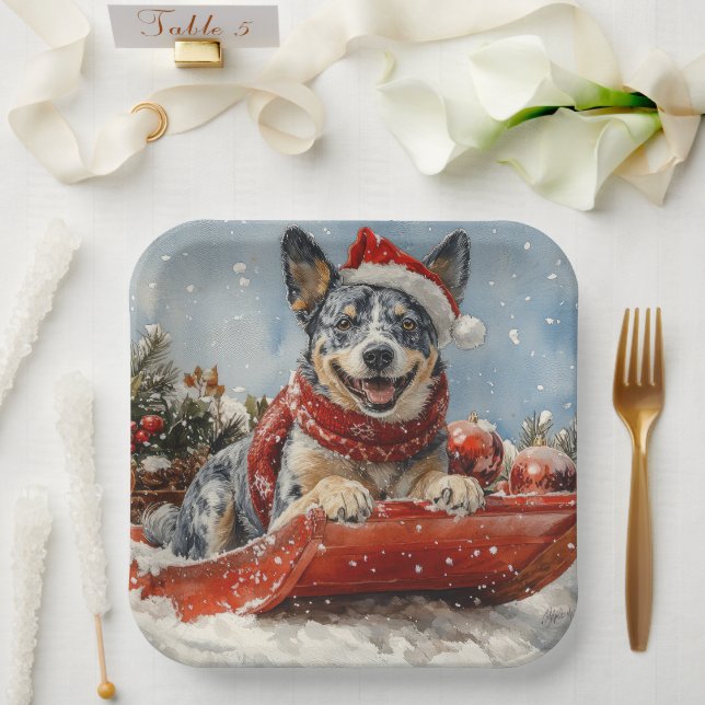 Blue Heeler Dog in Sledge Let it Snow Christmas Paper Plates (Wedding)