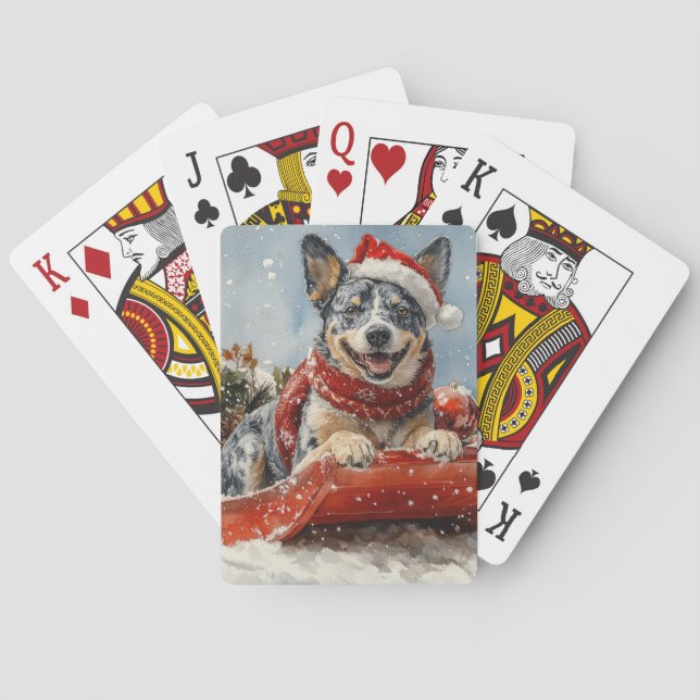 Blue Heeler Dog in Sledge Let it Snow Christmas Poker Cards (Back)