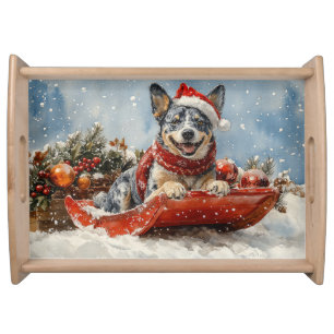 Blue Heeler Dog in Sledge Let it Snow Christmas Serving Tray