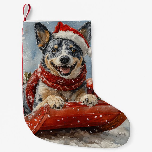 Blue Heeler Dog in Sledge Let it Snow Christmas Small Christmas Stocking (Front)