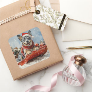 Blue Heeler Dog in Sledge Let it Snow Christmas Square Sticker