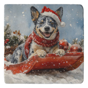 Blue Heeler Dog in Sledge Let it Snow Christmas Trivet