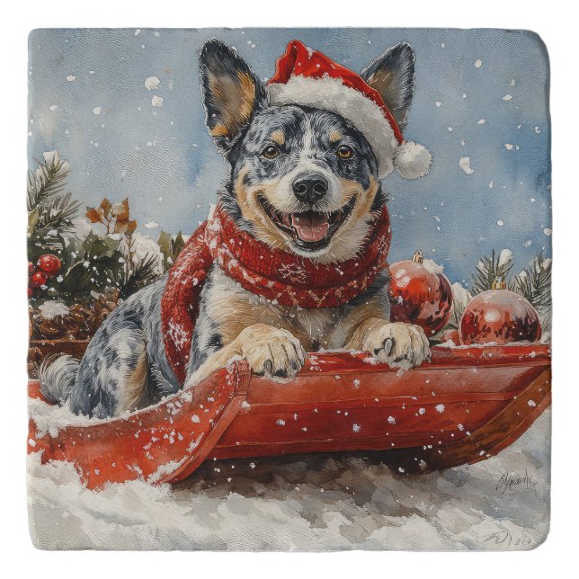 Blue Heeler Dog in Sledge Let it Snow Christmas Trivet (Front)