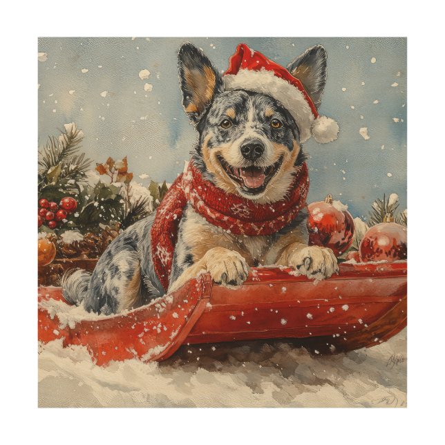 Blue Heeler Dog in Sledge Let it Snow Christmas Wood Wall Art (Front)