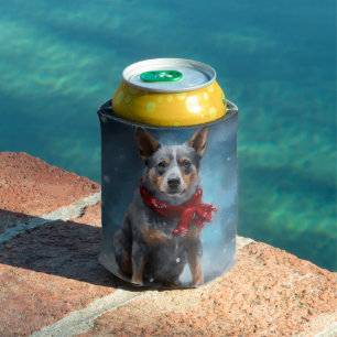 Blue Heeler Dog in Snow Christmas Can Cooler