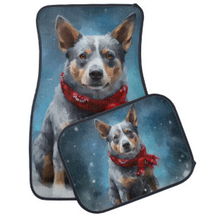 Blue Heeler Dog in Snow Christmas Car Floor Mat