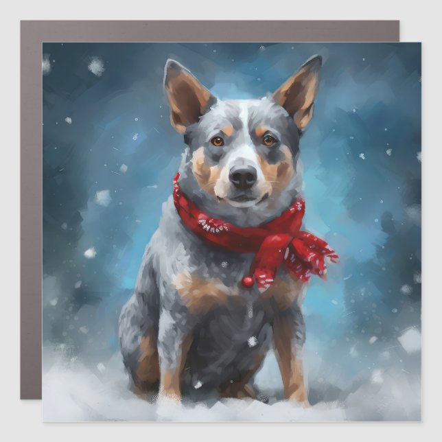 Blue Heeler Dog in Snow Christmas  Car Magnet (Front)