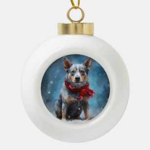 Blue Heeler Dog in Snow Christmas Ceramic Ball Christmas Ornament