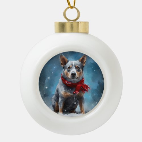 Blue Heeler Dog in Snow Christmas  Ceramic Ball Christmas Ornament