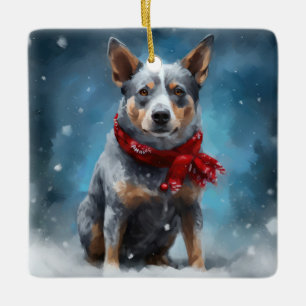 Blue Heeler Dog in Snow Christmas Ceramic Ornament