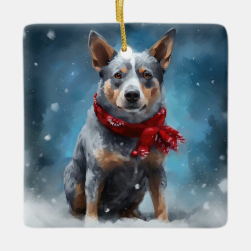 Blue Heeler Dog in Snow Christmas  Ceramic Ornament
