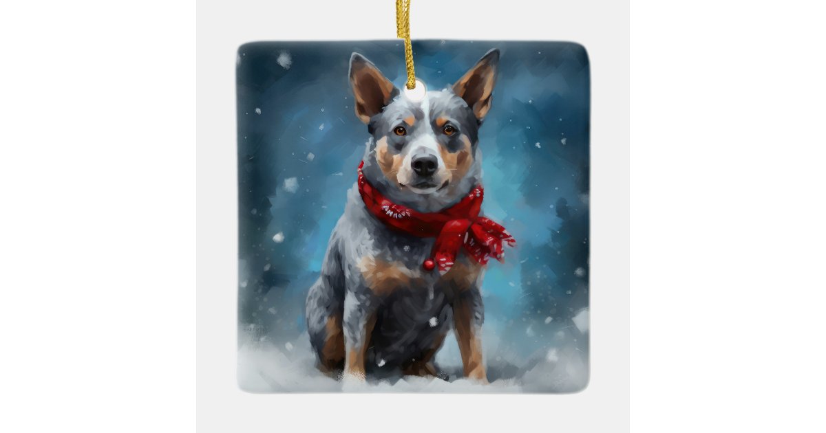 Blue Heeler Dog in Snow Christmas Ceramic Ornament | Zazzle