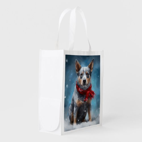 Blue Heeler Dog in Snow Christmas  Grocery Bag
