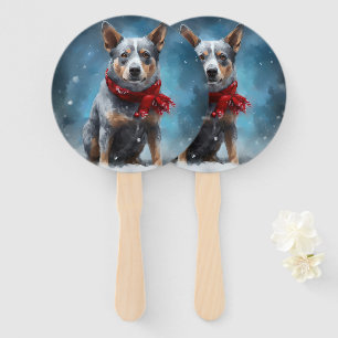 Blue Heeler Dog in Snow Christmas  Hand Fan