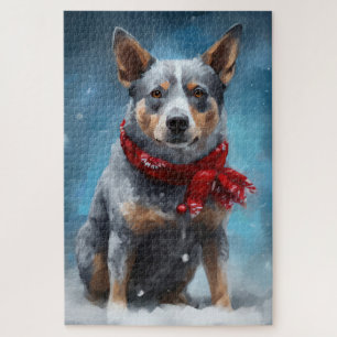Blue Heeler Dog in Snow Christmas  Jigsaw Puzzle