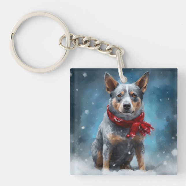 Blue Heeler Dog in Snow Christmas  Keychain (Front)