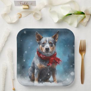 Blue Heeler Dog in Snow Christmas Paper Plates