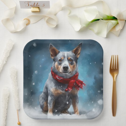 Blue Heeler Dog in Snow Christmas  Paper Plates