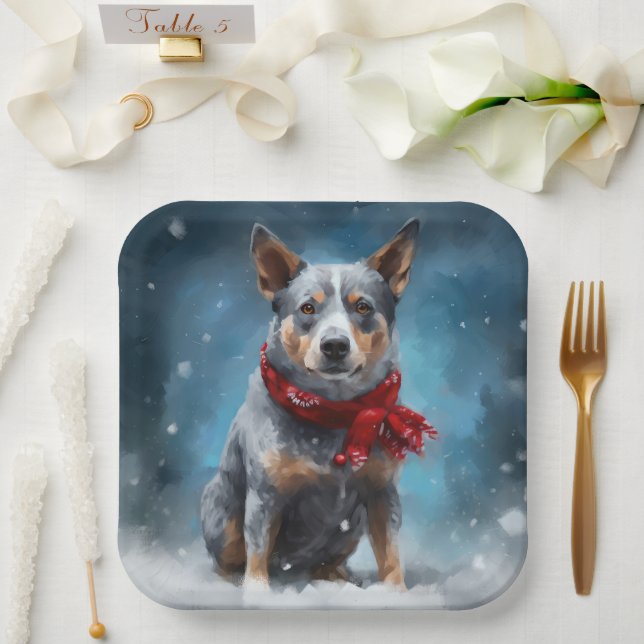 Blue Heeler Dog in Snow Christmas  Paper Plates (Wedding)
