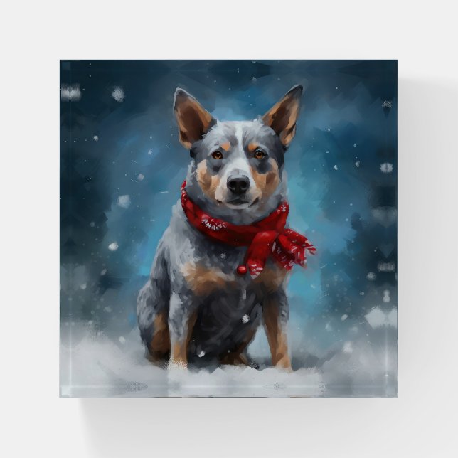 Blue Heeler Dog in Snow Christmas  Paperweight (Front)