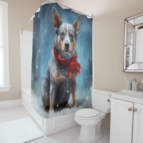 Blue Heeler Dog in Snow Christmas  Shower Curtain