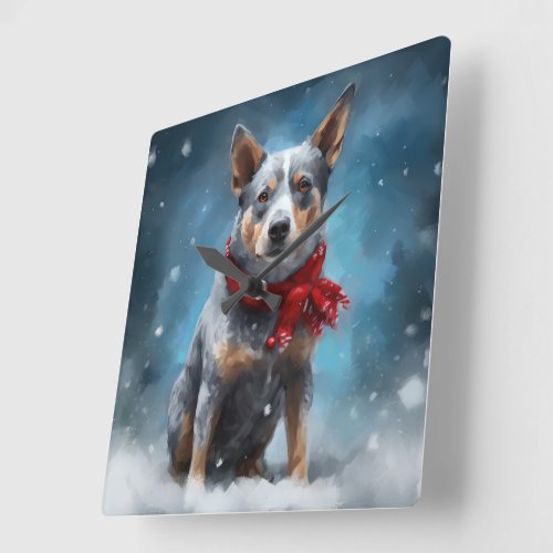Blue Heeler Dog in Snow Christmas  Square Wall Clock