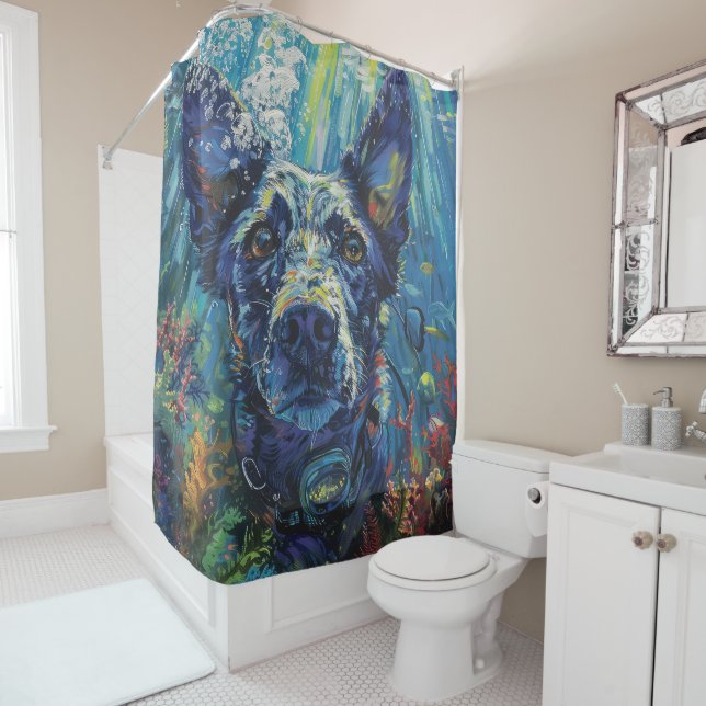 Blue Heeler Dog Scuba Diving Underwater Shower Curtain (In Situ)