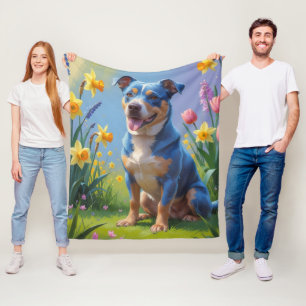Blue Heeler Dog Spring Flowers Painting  Fleece Blanket