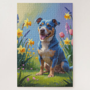 Blue Heeler Dog Spring Flowers Painting Jigsaw Puzzle