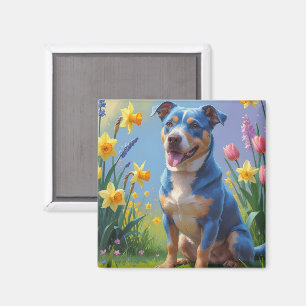 Blue Heeler Dog Spring Flowers Painting  Magnet