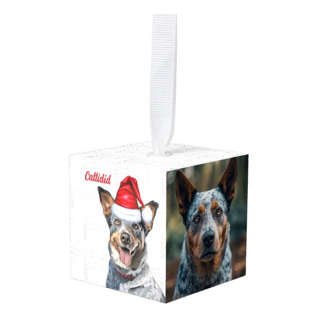 Blue Heeler Dog Two Photo Christmas Holiday Cube Ornament (Front Angled)