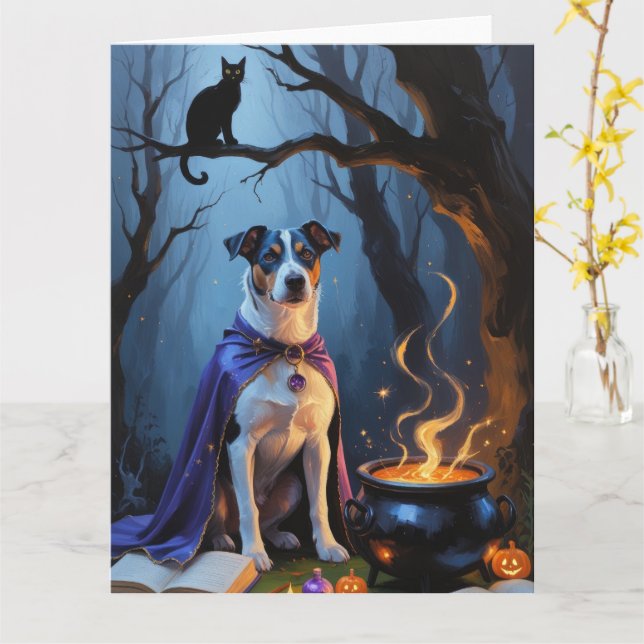 Blue Heeler Dog Whimsical Halloween Painting Card (Yellow Flower)