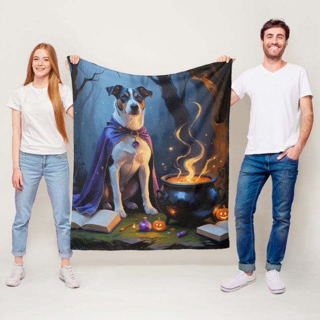 Blue Heeler Dog Whimsical Halloween Painting Fleece Blanket (In Situ)