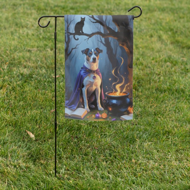 Blue Heeler Dog Whimsical Halloween Painting Garden Flag (In SItu)