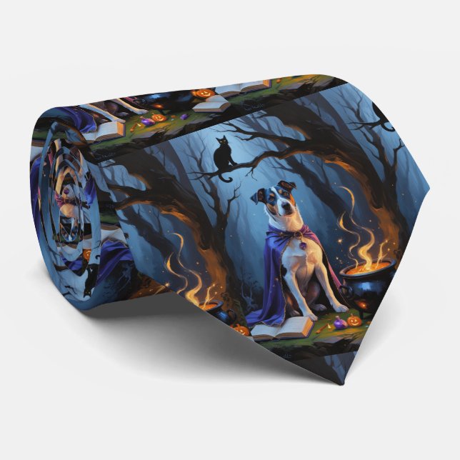 Blue Heeler Dog Whimsical Halloween Painting Neck Tie (Rolled)