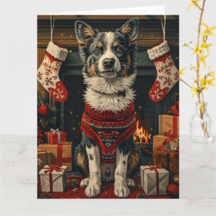 Blue Heeler Dog with Christmas Gifts Fireplace Card