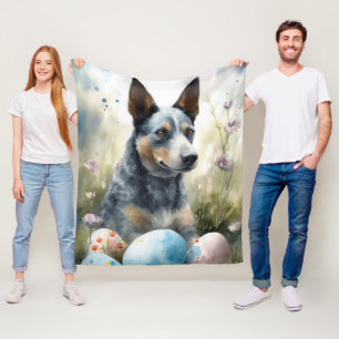 Blue Heeler Dog with Easter Eggs Holiday Fleece Blanket