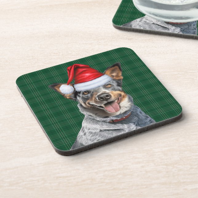 Blue Heeler Dog with Green Holiday Plaid Christmas Beverage Coaster (Left Side)